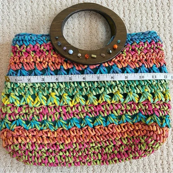 CAPPELLI STRAWORLD Turquoise Crochet Toyo Straw Wooden Grip Satchel Tote Handbag - Picture 11 of 11
